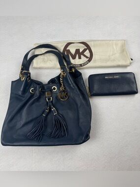 Michael Kors Navy Blue Pebbled Leather Drawstring Shoulder Bag + Wallet Set